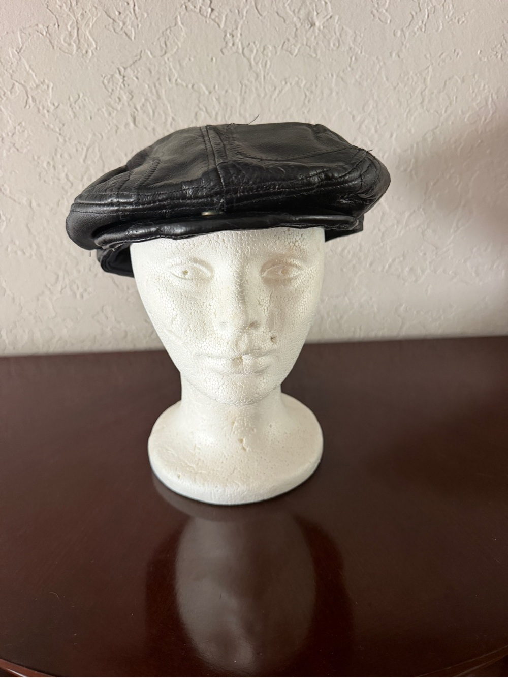 Vintage 1970’s Black Genuine Leather Patchwork Newsboy Cap Medium 22” Driver Hat - Picture 5 of 10